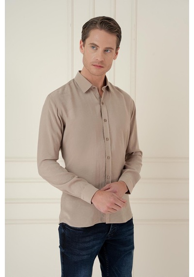 Efor Slim Fit %100 Modal Uzun Kol Klasik Bej Gömlek Gk 743 Bej