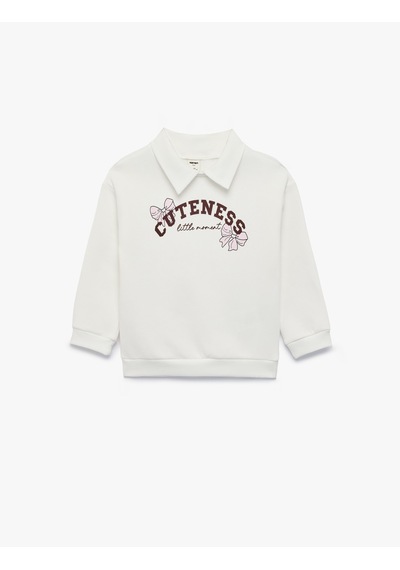 Koton Uzun Kollu Üç İplik Şardonlu Fiyonk Baskılı Polo Yaka Sweatshirt Ekru 7wmg10127ak