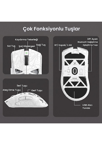 Aula Sc620 Paw3311 Sensör 12000 Dpı 1000hz Kablolu Ve Kablosuz Gaming Oyuncu Mouse Desenli Beyaz