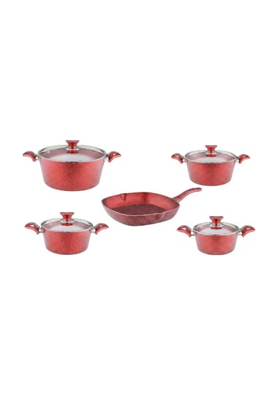 9 Parça Granit Set Cam Kapak - Kırmızı Kırmızı