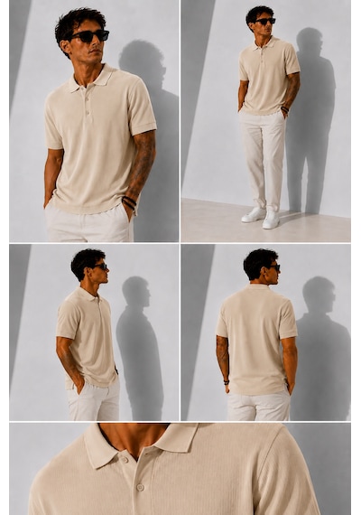Ribana Erkek Kısa Kollu Fitilli Yarım Düğme Kapama Polo Yaka T-shirt 26001 Ekru