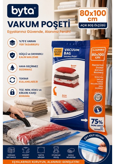 Büyük Vakumlu Hurç Poşeti 80x100 Cm Vakum Torbası Yer Tasarruflu Saklama Poşeti Şeffaf