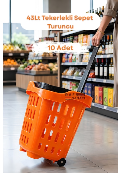 10 Adet - 43 Lt Tekerlekli Market Sepeti Plastik Alışveriş Sepeti Ergonomik Çift Saplı Turuncu