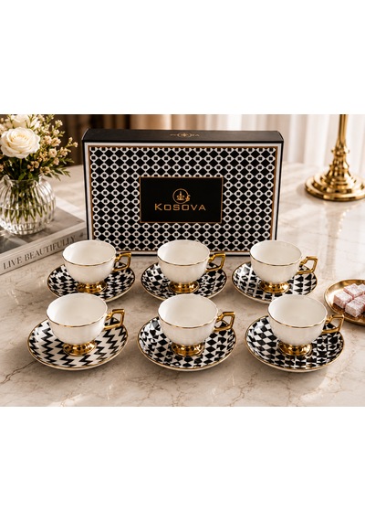 Premium Porselen 6 Kişilik Türk Kahvesi Fincan Takımı Gold Detaylı Modern Desenli Şık Hediye Seti Çok Renkli