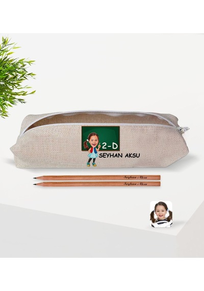 Çocuklara Özel İsimli Sınıflı Kız Öğrenci Karikatürlü Keten Okul