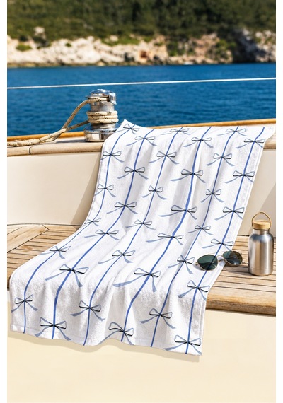 Fiyonklu Çizgili Şık Plaj Havlusu - Minimalist Mavi Beyaz Havuz Deniz Hızlı Kuruyan Mikrofiber Havlu Berrak Armut
