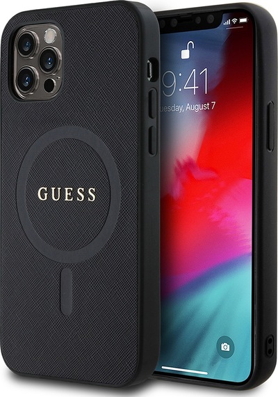Apple Uyumlu iPhone 12 Pro Kılıf Guess Lisanslı Magsafe Şarj Özellikli Yazı Logolu Saffiano Classic Kapak Siyah