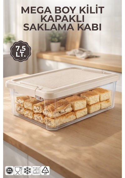 Mega Boy 7,5lt. Decobox Çok Amaçlı Saklama Kabı - Piknik Taşıma Seti - 7,5lt. Krem