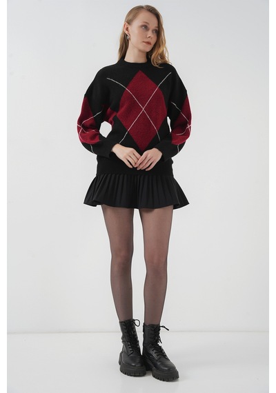 Bigdart 15895 Baklava Desenli Oversize Triko Kazak - D. Siyah