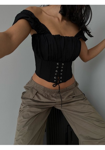 Herton Kadın Düşük Omuz Drapeli Bustiyer Bağcıklı Korse Görünümlü Şık Crop Top Çok Renkli