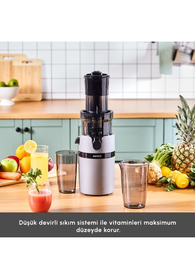 Karaca Yavaş Sıkım Katı Meyve Sıkacağı Gri Renkli 200w Motor Gücü İle Besin Değerlerini Korur