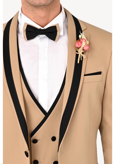 Ysf Erkek Bej Slim Fit Yelekli Şal Yaka Damatlık