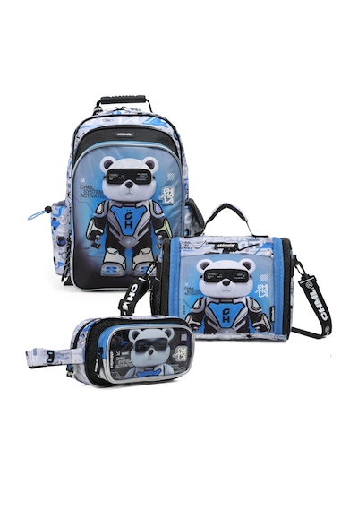 Chimola Cyber Bear İlkokul Çanta Seti 3'lü Okul Çantası + Beslenme Çantası + Kalemlik Mavi