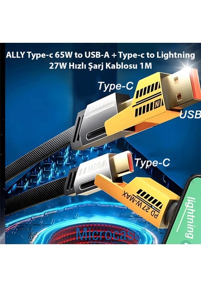 65w 4in1 Naylon Örgülü 1 Metre Pd Hızlı Şarj Kablosu Al5187