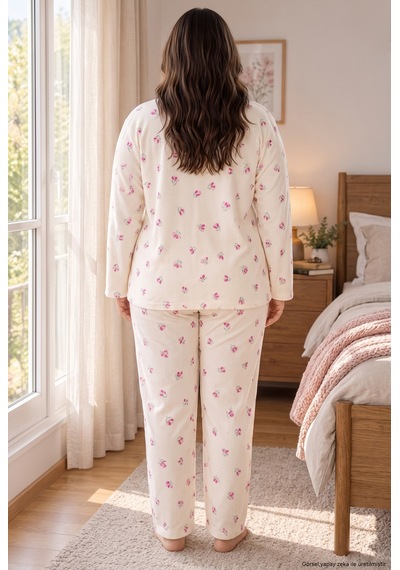Seboteks Waffle Kumaş Önden Düğmeli Uzun Kollu Büyük Beden Kadın Pijama Takımı 3596 Ekru