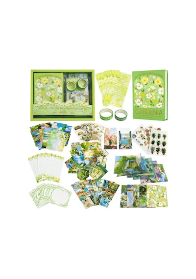 Vintage Çiçek Desenli A6 Günlük Ve Ajanda Hediye Seti - Estetik Scrapbooking Ve Günlük Süsleme Kit Kutusu 116 Parça Yeşil
