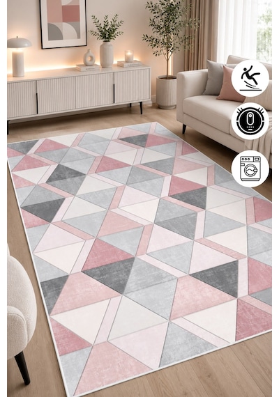 Geometrik Desen Dijital Baskılı Dekoratif Kaymaz Taban Yıkanabilir Halı Salon Oturma Odası Halısı Yolluk Pembe