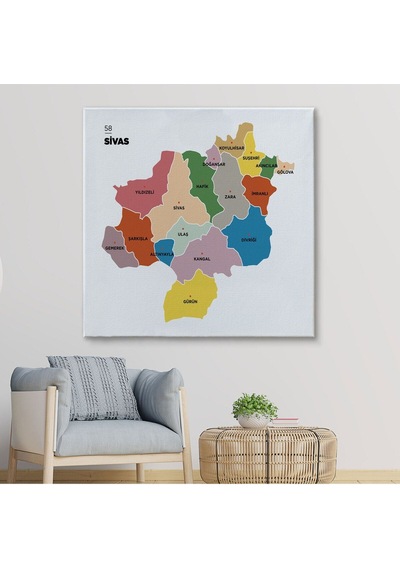 Es10 Özel Tasarım Sivas İli ve İlçeler Haritası Dekoratif Kanvas Tablo 1455 (70 x 70)