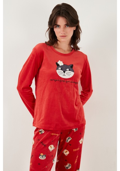 Lela Desenli Regular Fit Bisiklet Yaka Uzun Kollu Bayan Pijama Takımı 65713312 Kırmızı Lela Desenli Regular Fit Bisiklet Yaka Uzun Kollu Bayan Pijama Takımı 65713312 Kırmızı