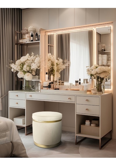 Zerafet Gold Kaplama Luxery Puf- Beyaz Babyface Kumaş Pofuduk Oturma Pufu&makyaj Pufu&bench