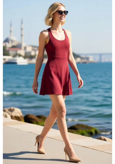 Benerly Kadın Kolsuz A-line Mini Elbise Kare Yaka Dalgıç Kumaş Elastan Ka Bordo Benerly Kadın Kolsuz A-line Mini Elbise Kare Yaka Dalgıç Kumaş Elastan Ka Bordo