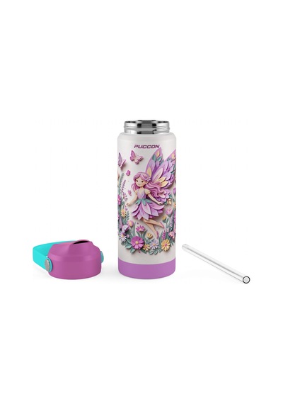 Puccon 540 Ml Sevimli Peri Kız Baskılı Mor Kız Çocuk Pipetli Çelik Termos Matara/suluk - 60059
