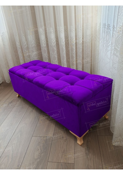 Çizgi Kapitoneli Sandıklı Puf 90 Cm Gold Ayak Lila