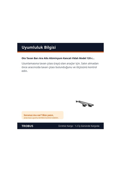Trobus Oto Tavan Barı Ara Atkı Alüminyum Kancalı Vidalı Model 120 Cm Gümüş