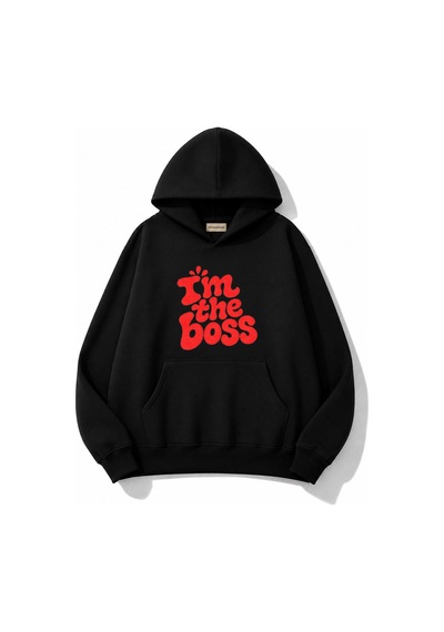 Herkesemoda Yazı Baskılı Kapüşonlu 2 İplik Şardonlu Sweatshirt Siyah