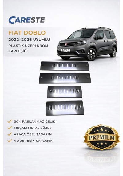 Fiat Doblo 2022-2026 Uyumlu Kapı Eşiği 4 Parça 304 Paslanmaz Çelik Plastik Üzeri Krom