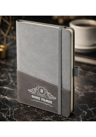 Bk Gift Kişiye Özel Gri Termo Deri Defter -15, Kartvizit Bölmeli, Çizgili Ivory Kağıt Kobitmeyencom36068 Bk Gift
