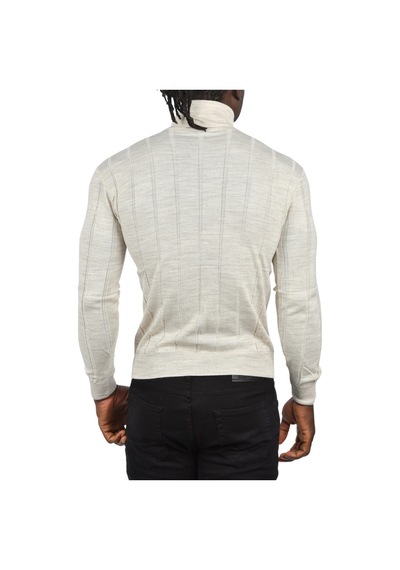 Deepsea Erkek Bej Slim Fit Likralı Tam Balıkçı Yaka Çizgili Boğazlı Kazak 2505504 Bej