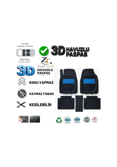 Renault Kango Combi 2003 Uyumlu 3 Cm Havuzlu 5 Parça 3d Universal Oto Paspas Siyah-mavi