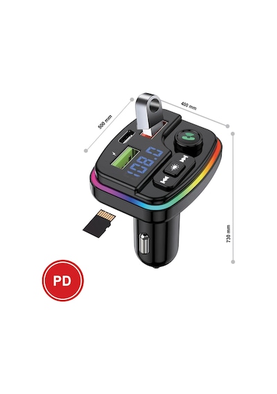 38w Pd Ve Qc Destekli Type-c Çıkışlı Bluetooth Fm Modülatör, Rgb Işıklı Hızlı Araç Şarj Cihazı