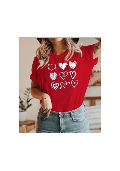 Herkesemoda Kalpler Baskı Detaylı Basic T-shirt Kırmızı