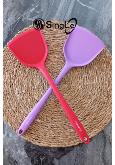 2 Adet Sert Uçlu Ekstra Geniş Ağızlı Silikon Spatula Mor&Kırmızı
