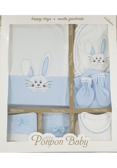 Ponpon Baby Yenidoğan 0-3 Ay Tavşan Işlemeli Desenli 10... Açık Mavi
