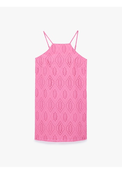 Koton Pamuklu Askılı Halter Yaka Brodeli Mini Elbise Pembe 6sak80021pw Gül