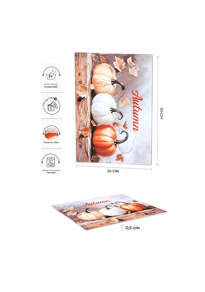 Makri Home Sonbahar Desenli Cam, Kesme Tahtası, 25 35 Cm Gri