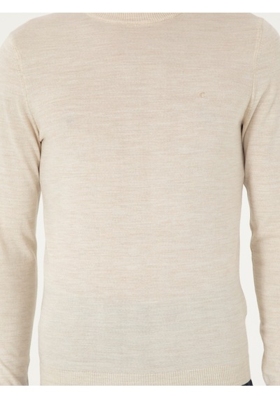 Cacharel Bej Slim Fit Yün Karışımlı Çeyrek Balıkçı Yaka Basic Triko Kazak