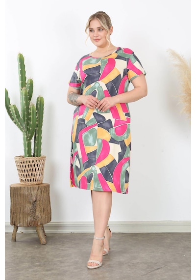 Mooi Xxl Kadın Pembe Gri Geometrik Desen Midi Elbise Pembe