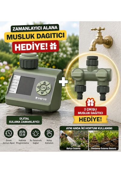 Dijital Bahçe Sulama Zamanlayıcısı + 2 Çıkışlı Musluk Dağıtıcı Hediyeli Otomatik Sulama Programlayıcı