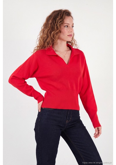 Lela Yumuşak Dokulu Regular Fit Polo Yaka Kazak Kadın Kazak 680kz00163 Kırmızı