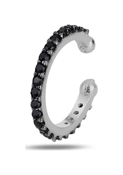 Gümüş Rodyumlu Siyah Taşlı Sıkıştırmalı Kıkırdak Küpe Ear Cuff