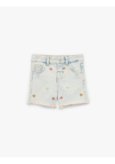 Koton Kalp Nakışlı Paça Detaylı Pamuklu Denim Şort Lıght Indıgo 6smg40002ad Açık Mavi