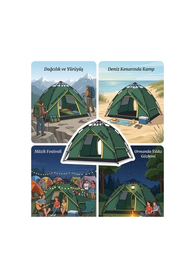 Kamptek Outdoor 4 Kişilik Otomatik Kurulum Kamp Çadırı - Çift Katmanlı, Su Geçirmez, 220x200x140 Cm Yeşil - Renkli