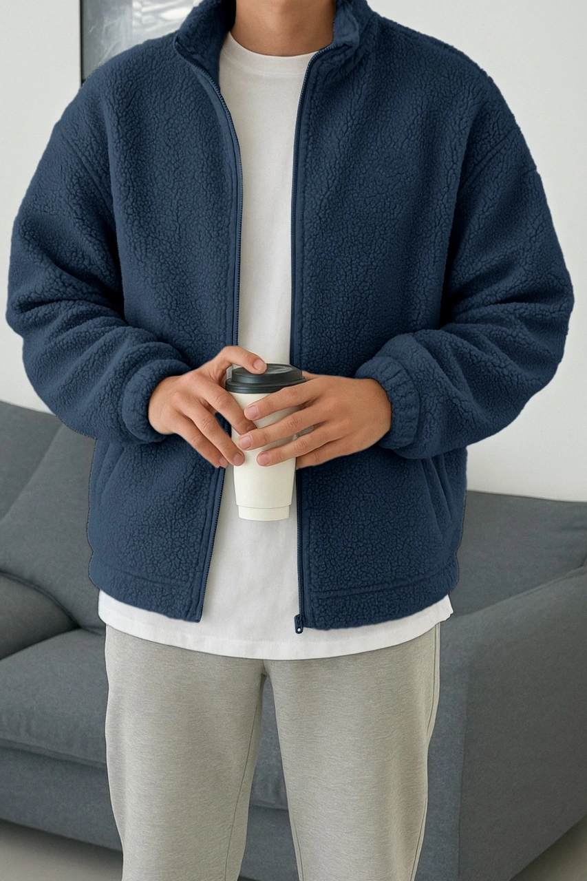 Ghassy Co. Erkek Isı Termal İç Dış Sherpa Sonbahar Kış Tam Fermuarlı Peluş Polar Sweatshirt İndigo