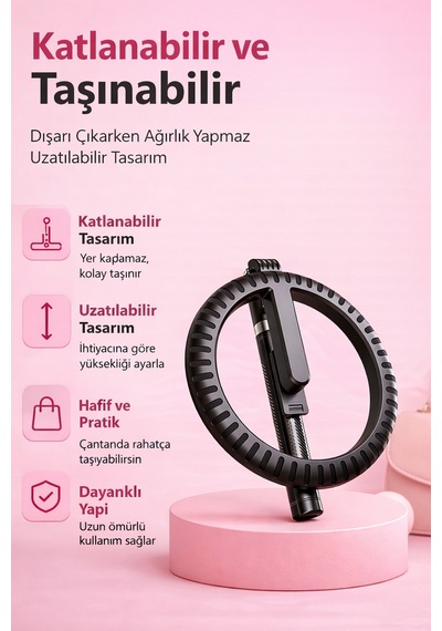 Exenar - Siyah - Rgb Halka Işık Uzun Tripod Selfie Çubuğu 1.9m-1200 Mah Şarjlı Kumandalı Ring Light Telefon Tutucu