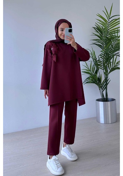 Kahijab Çiçekli Asimetrik Kesim Scuba Takım - Bordo Bordo
