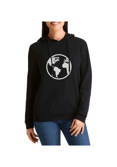 Silhouette Earth Icon Baskılı Siyah Kadın Kapşonlu Sweatshirt